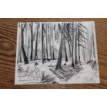 Michael Andrews, charcoal on paper, forest scene, signed with initials M.A., 4.75ins x 5.75ins,