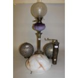 Victorian brass column oil lamp (crack to glass base), pair of Moroccan brass mounted glass ball