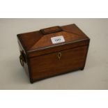 George III satinwood and line inlaid sarcophagus shaped tea caddy, the hinged lid enclosing a two