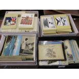 Four boxes containing collection of various postcards