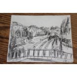 Michael Andrews, charcoal on paper, view of an approaching train from a railway bridge, signed