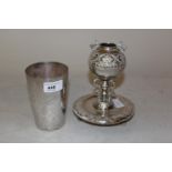 19th Century Indian white metal beaker engraved with an elephant, a stag and a tiger in a forest