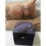 Two large Kelim covered cushions and a small Kelim covered stool