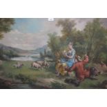 Oil on board, figures and sheep in an extensive landscape, signed Jenkins, 24ins x 48ins, in a