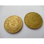 Two French twenty franc gold coins, 1859 and 1860
