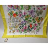 Gucci Accessory Collection, silk scarf with floral and fruit design and yellow border, 34ins x 34ins