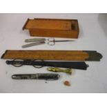 Parker fountain pen (at fault), a brass letter seal, boxwood folding rule and sundries