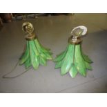 Near pair of reproduction gilt brass and green composite lotus form ceiling lights, together with