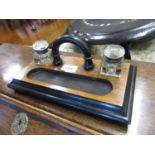 19th Century walnut and ebonised two bottle inkstand