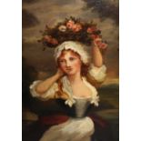 Unframed 19th Century oil on panel, portrait of a young lady with a basket of flowers,