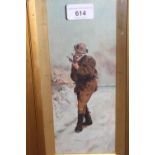 Pair of small oil paintings on card, wood gatherers in a snowy landscape, unsigned, 10ins x 4ins,