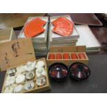 Set of twelve Japanese fan shaped lacquer dishes, boxed together with a set of five Japanese lacquer