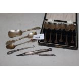 Cased set of six Art Deco silver coffee spoons, together with a silver cigar piercer and sundries