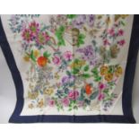Gucci Accessory Collection, silk scarf with floral and fruit design and navy blue border, 34ins x