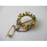 Circular 15ct gold brooch set seed pearls and turquoise