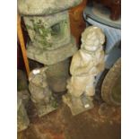 Small weathered cast concrete garden figure of a boy, together with a similar figure of an owl and