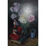 After Sir Winston Churchill, oil on hardboard, still life of flowers, books and other items on a