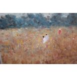 Modern British school oil on canvas laid onto board, landscape with figures in a field of flowers,