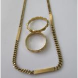 18ct Yellow gold wedding band, 9ct yellow gold wedding band and a 9ct gold curb link neck chain 18ct