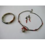 Silver plated bangle and a silver and coral necklet and earrings