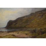 Pollok S. Nisbet, signed oil on canvas laid onto panel, sheep in a coastal landscape, inscribed