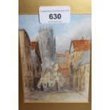 Small gilt framed watercolour, figures in a North European city street scene, signed with initials