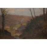 Oil on canvas, cottage in a landscape, indistinctly signed, 10.25ins x 16ins, gilt framed