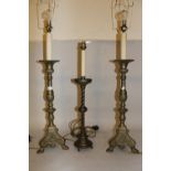 Pair of brass table lamps in 17th Century Dutch style, 23.5ins high excluding fitments, together