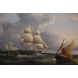 19th Century oil on canvas, a British frigate, an American cutter and other shipping off a