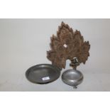 Tudric pewter tazza No. 01496, another small pewter dish and a Benares wall sconce