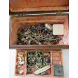 Carved wooden jewellery box containing French rosary, various silver and other costume jewellery