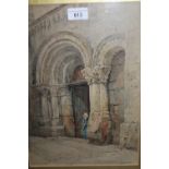 Ernest George, watercolour, figure standing in a stone archway in Saumur, signed, 13.5ins x 9.