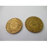 Two French twenty franc gold coins, 1858