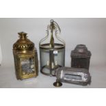 20th Century circular brass and glass hall lantern, together with an octagonal brass and glass