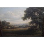 19th Century oil on canvas laid onto board, view across a rural landscape with sheep grazing by