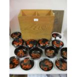 Set of early 20th Century Japanese bird decorated lacquer rice bowls with covers