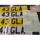 Private vehicle registration plate ' 43 GLA ' (Good Luck Always), together with the related