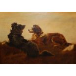 Late 19th Century oil on canvas, portrait of two dogs on a hillside, 11.5ins x 13.5ins