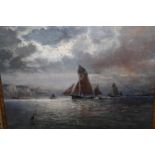 Attributed to William Thornley, oil on board, shipping off the coast at sunset, 8ins x 10.5ins