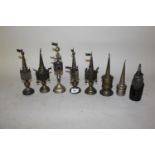 Group of eight various 19th and 20th Century metal spice towers Only one is marked. (see photo). 2.5