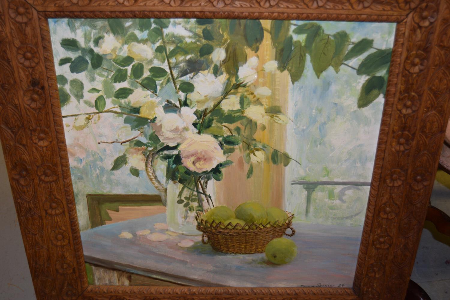 Joyce Spencer, oil on board, still life, apples and roses on a table top, 23ins square, in an