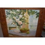 Joyce Spencer, oil on board, still life, apples and roses on a table top, 23ins square, in an