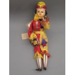 19th Century French wax and wooden Jester doll with mechanical bell ringing movement, 13ins