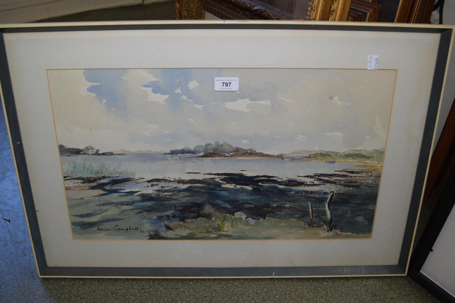 M. Campbell, watercolour, Highland coastal scene, signed and dated '25, 12ins x 22ins, framed - Image 2 of 2