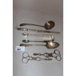 Two pairs of silver sugar nips, Irish silver sifter spoon, Victorian silver knife, the blade