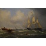 William Callcott Knell, oil on canvas, three masted ship of the line under sail with figures in an