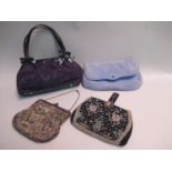 Karen Millen brown lace handbag, a blue suede clutch bag by L.K. Bennett and two other evening