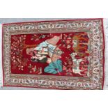 Small modern Turkish silk rug woven with a scene depicting two figures beneath a tree, 37ins x 24ins