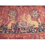 Reproduction machine tapestry, figures and animals in a garden, 35ins x 48ins