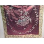 Chinese square floral silk embroidered panel on a mauve ground, 35ins square